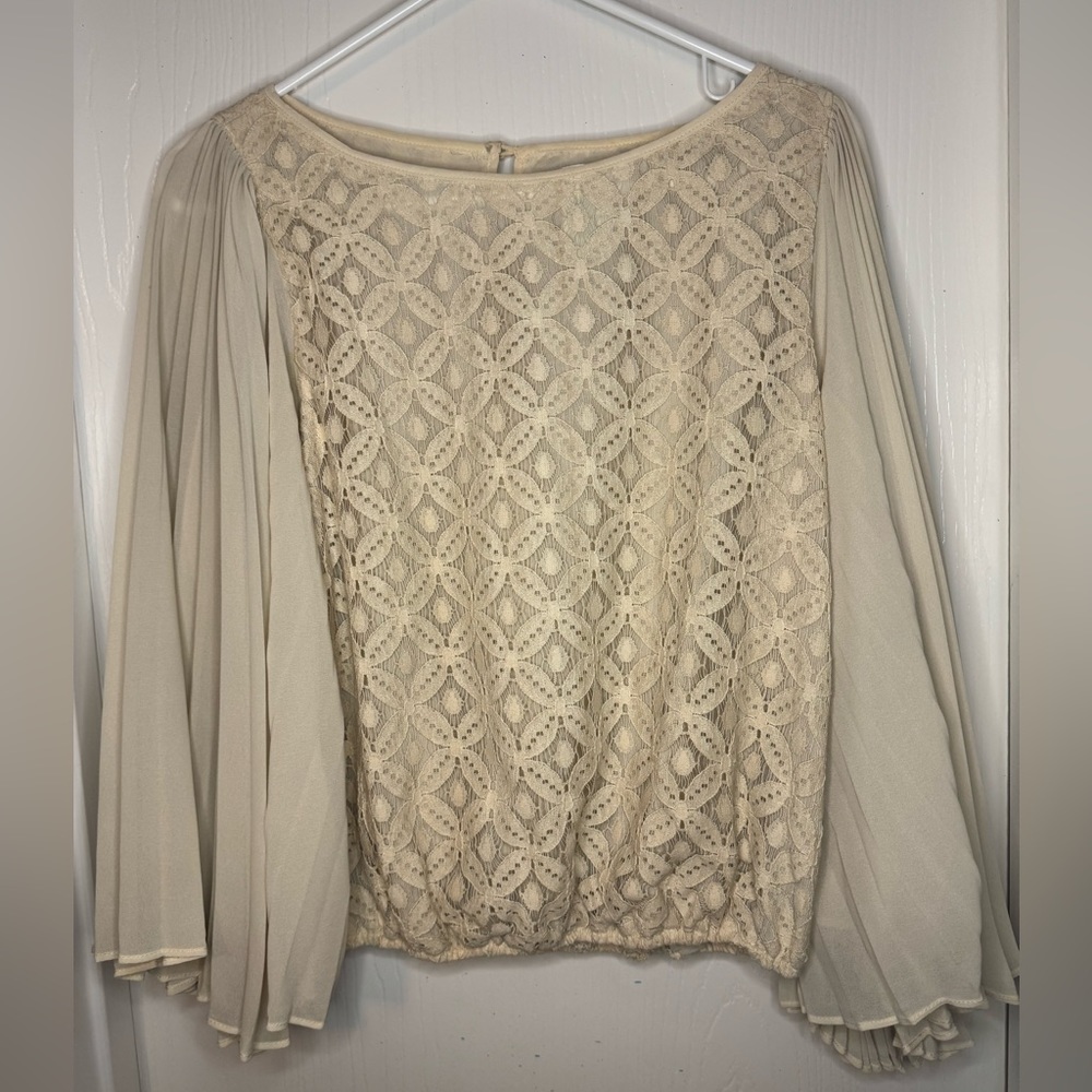 Woman’s Gorgeous Esley Top With Lace W/pleaded Flowy Sleeves, Medium